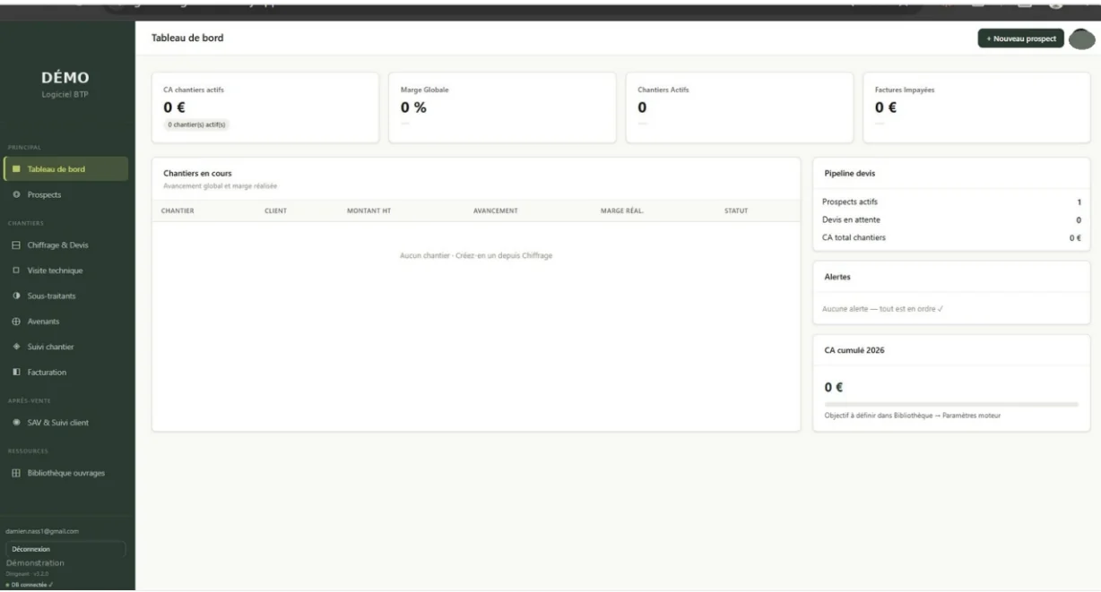 Capture d'écran de l'outil de gestion pour le BTP
